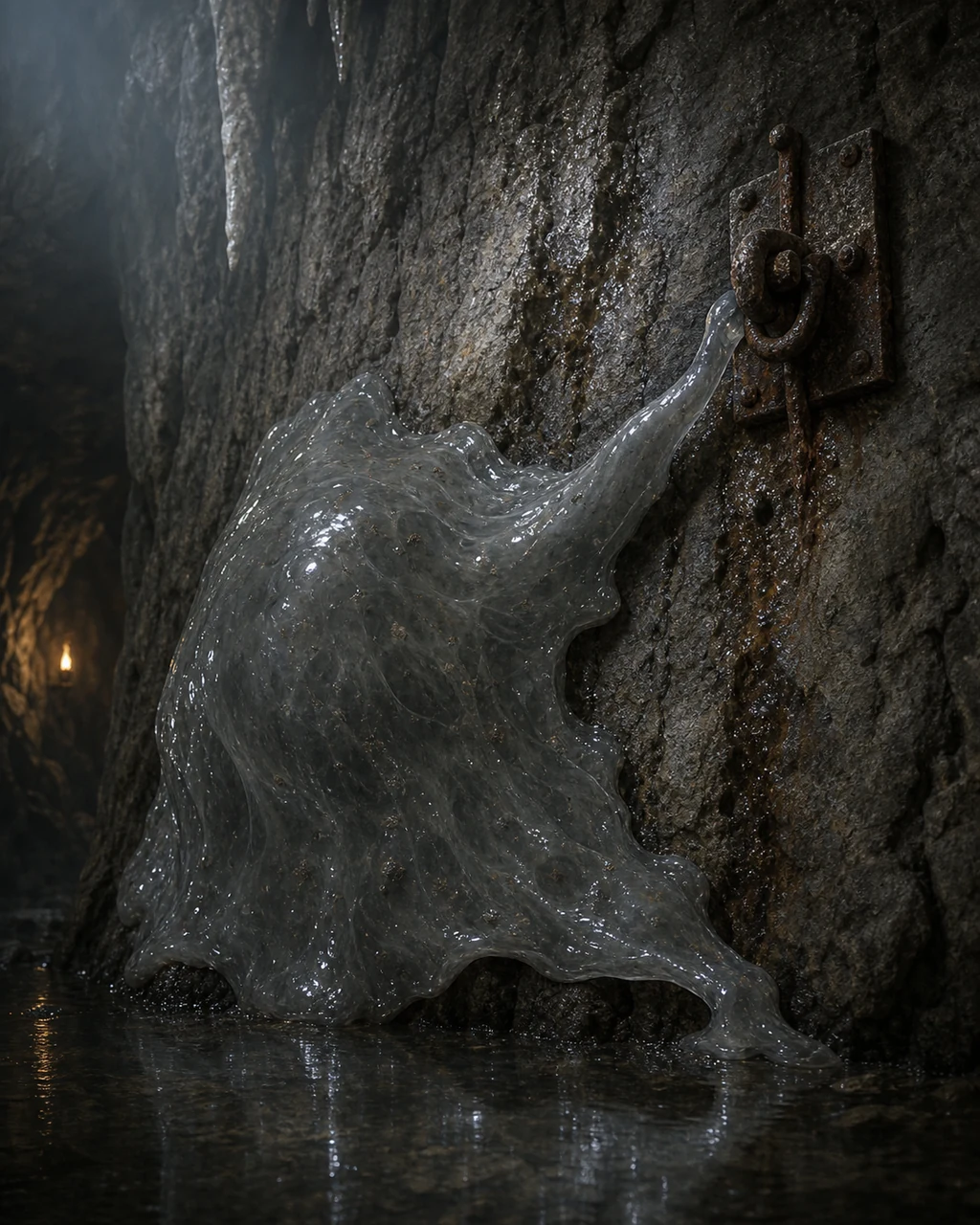 A translucent gray ooze creeps down a cavern wall, extending one pseudopod toward rusted metal.