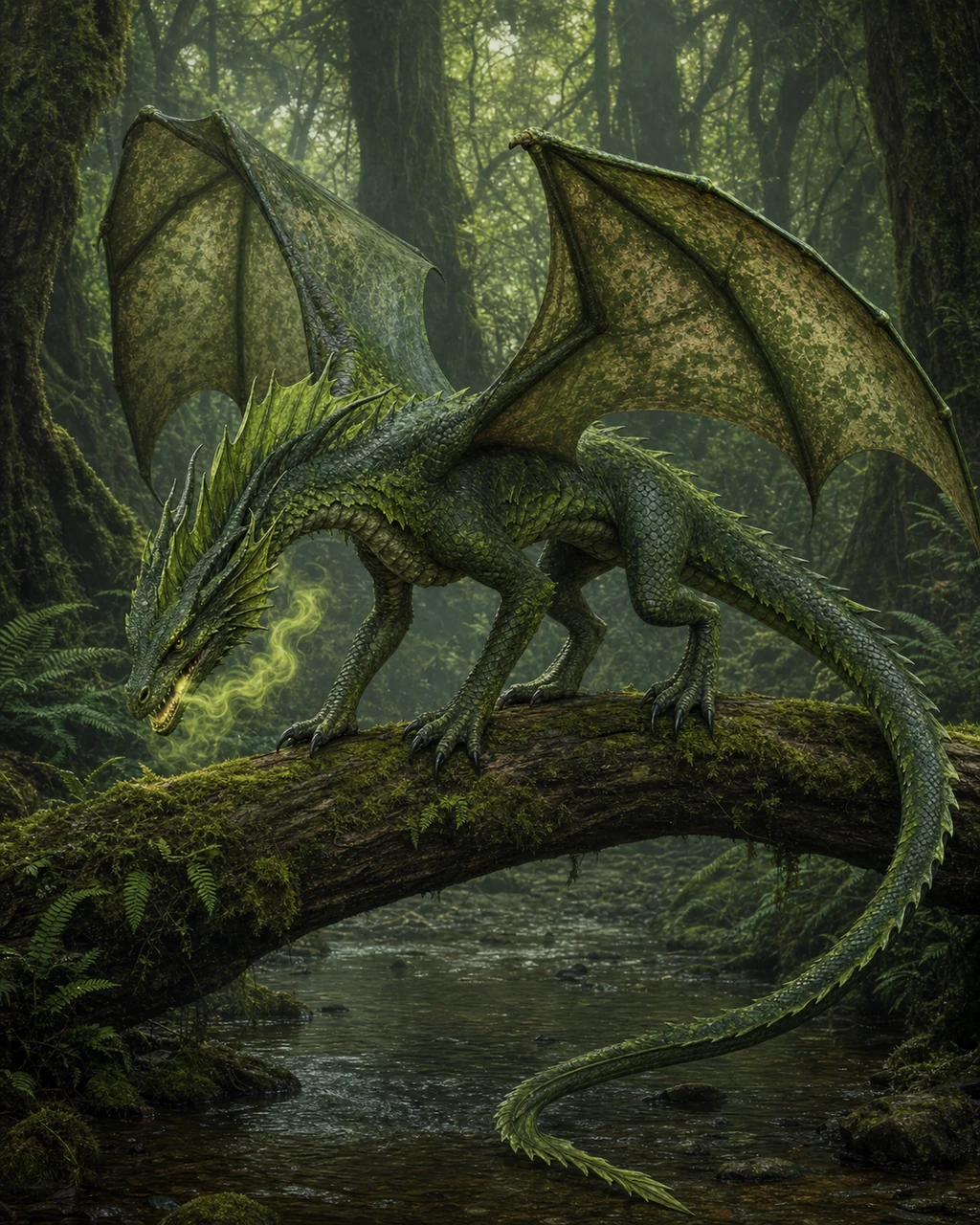 A young green dragon stalks along a mossy forest trunk as poisonous yellow-green vapor curls from its jaws.