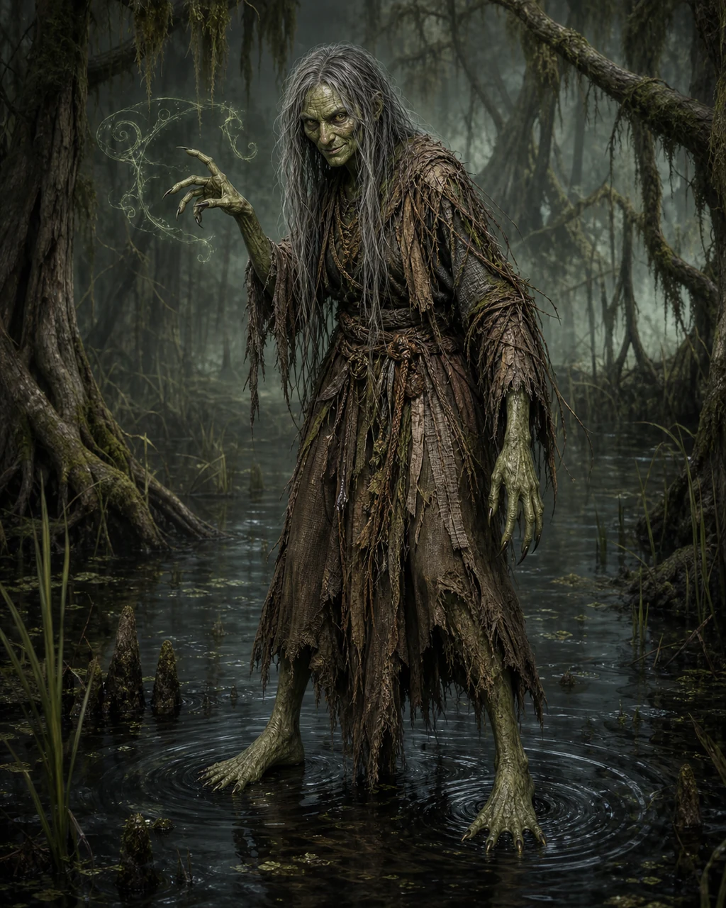 A moss-green hag stands in shallow swamp water with hooked claws raised beneath tangled iron-gray hair.