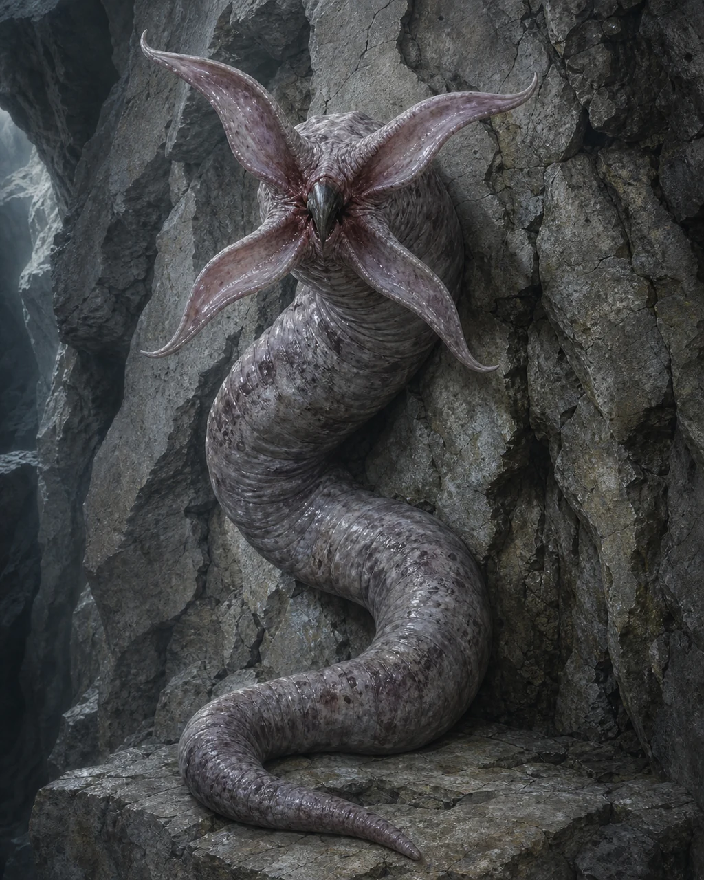 A pale eyeless grick clings to a limestone wall, four tentacles spread around its hooked beak.