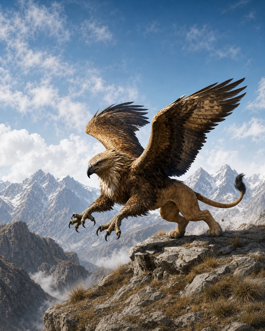 A golden-brown griffon launches from a mountain nest, eagle talons raised above powerful lion hindquarters.