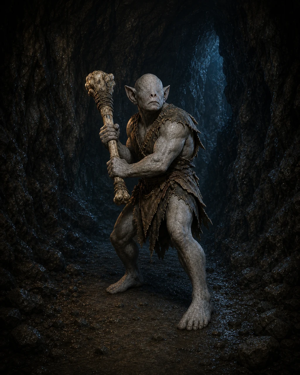 An eyeless gray grimlock turns toward a cavern sound with a heavy bone cudgel raised.