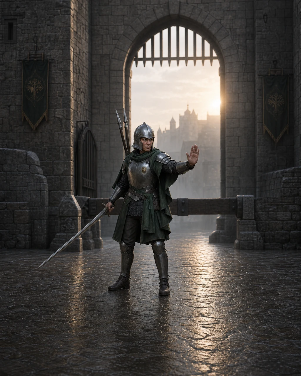 A compact guard captain holds a longsword at a city gate with paired javelins and a muted command sash.