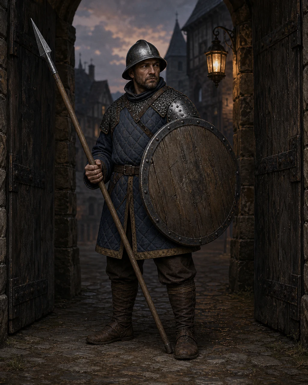 A compact town guard holds a gateway with a round shield forward and a plain spear ready.