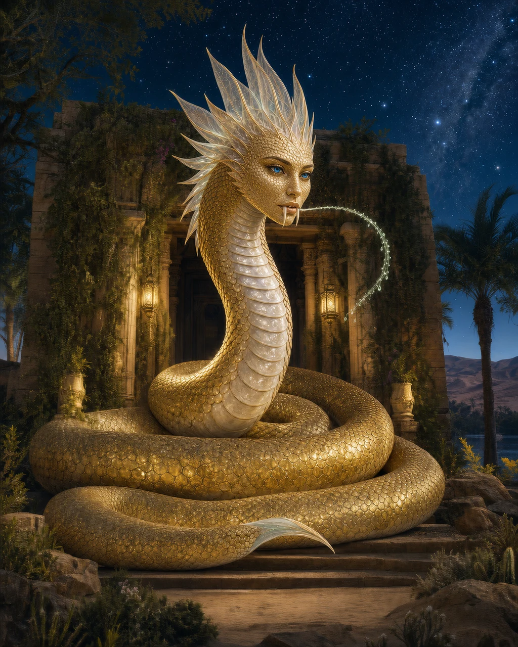 A golden guardian naga coils across a sanctuary entrance with its crowned head raised and venom shining on its fangs.