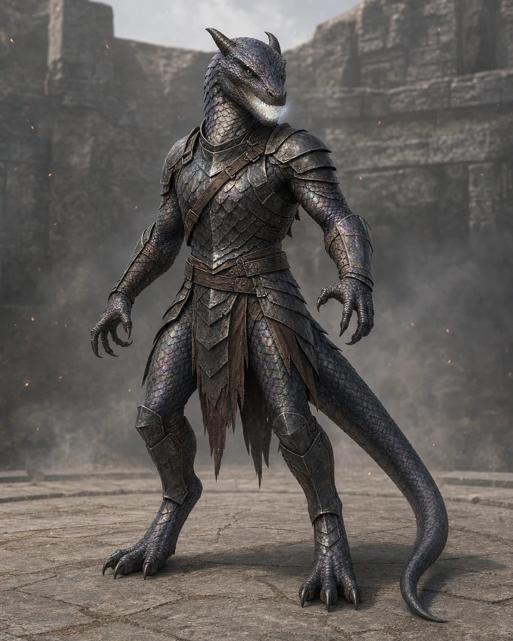 An armored half-dragon with dark iridescent scales turns to strike as light gathers in its jaws.
