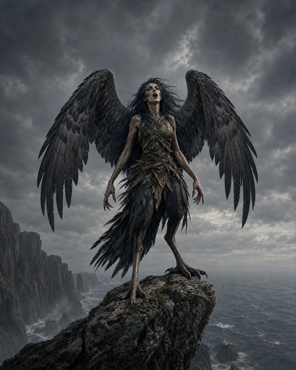 A storm-gray harpy sings from a coastal cliff with broad feathered wings raised and talons gripping stone.