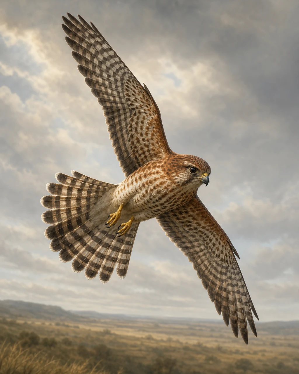 A small rust-and-cream hawk turns sharply above a grassland with its barred tail fanned.