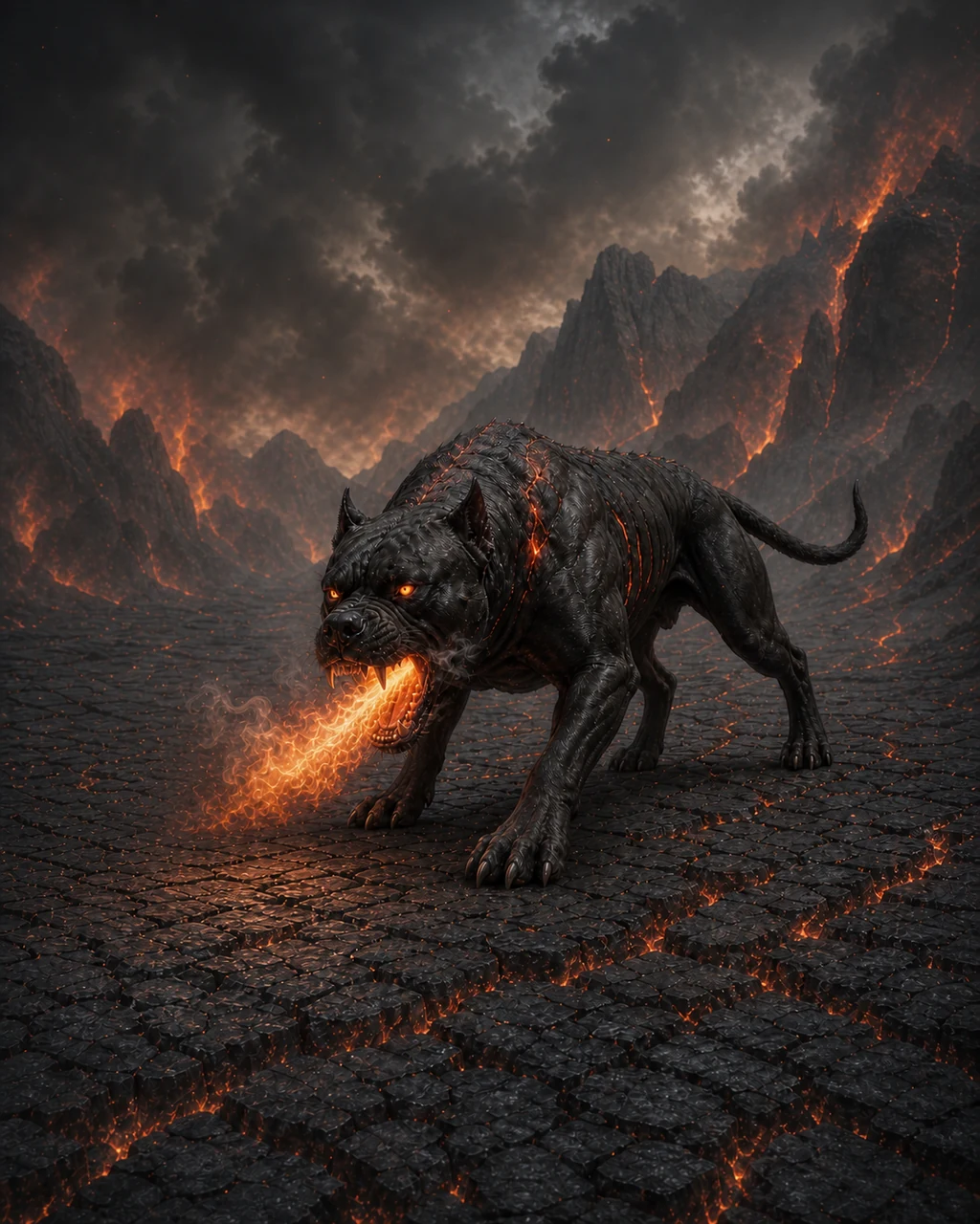 A charcoal hell hound charges over black rock as furnace light and flame build inside its open jaws.