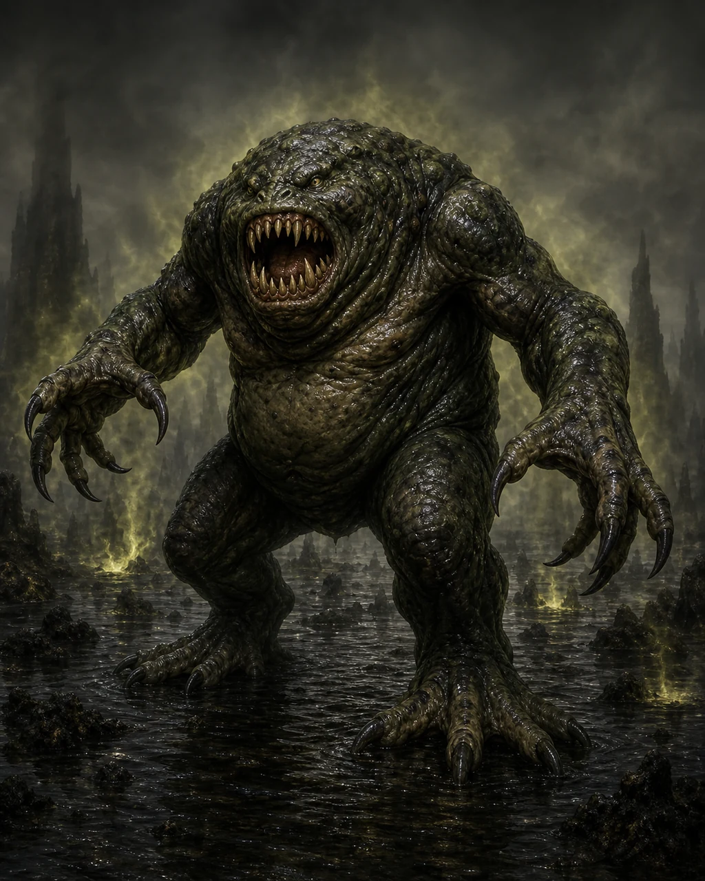 A hulking toad-faced hezrou lurches through a black planar marsh surrounded by foul greenish vapor.