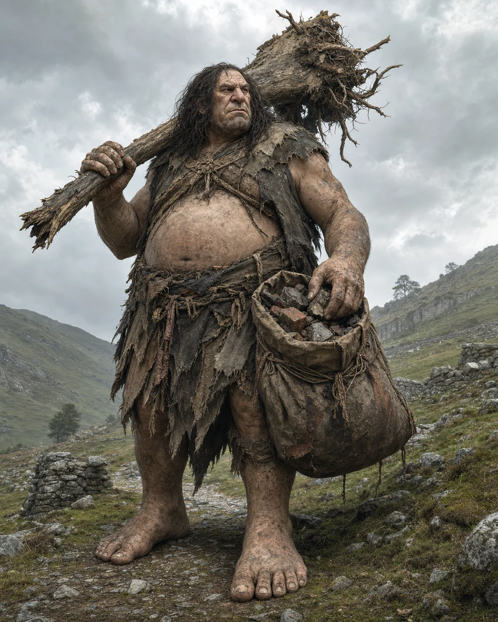 A huge rough-clad hill giant lumbers downhill carrying an uprooted tree as a club.
