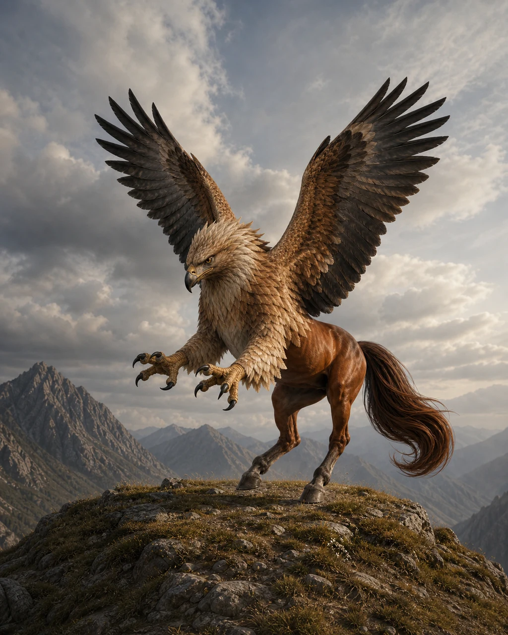 A tawny hippogriff lands on a mountain shelf, eagle talons forward and horse hind legs braced beneath wide wings.