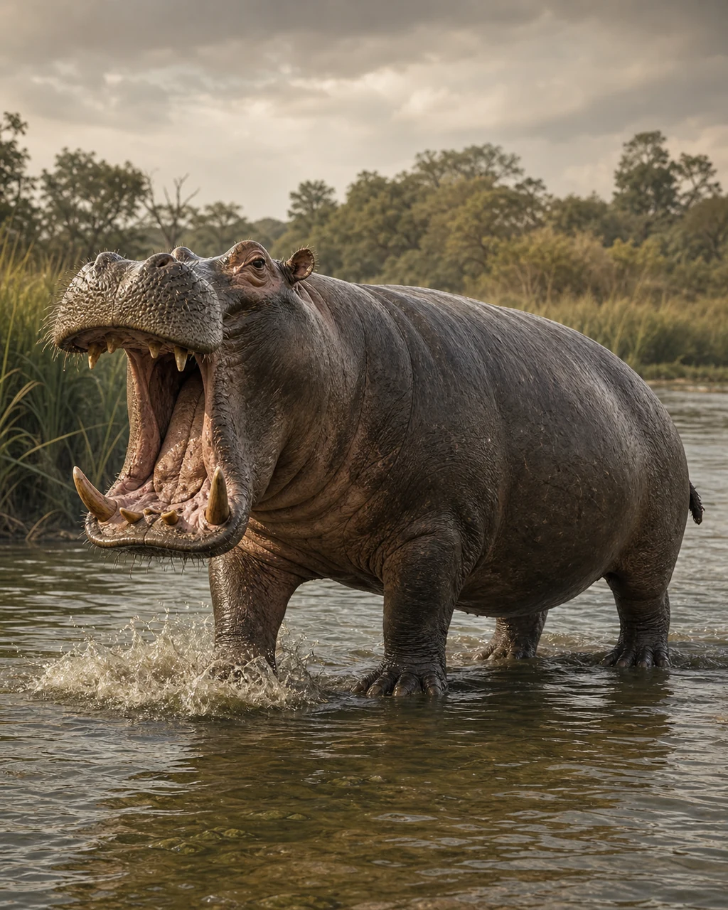 A huge gray-brown hippopotamus surges from a green river with its broad mouth and ivory teeth fully open.