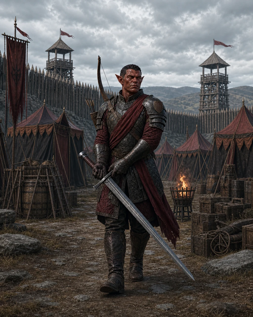 A rust-red hobgoblin captain stands in ordered dark armor with greatsword ready and longbow on the back.