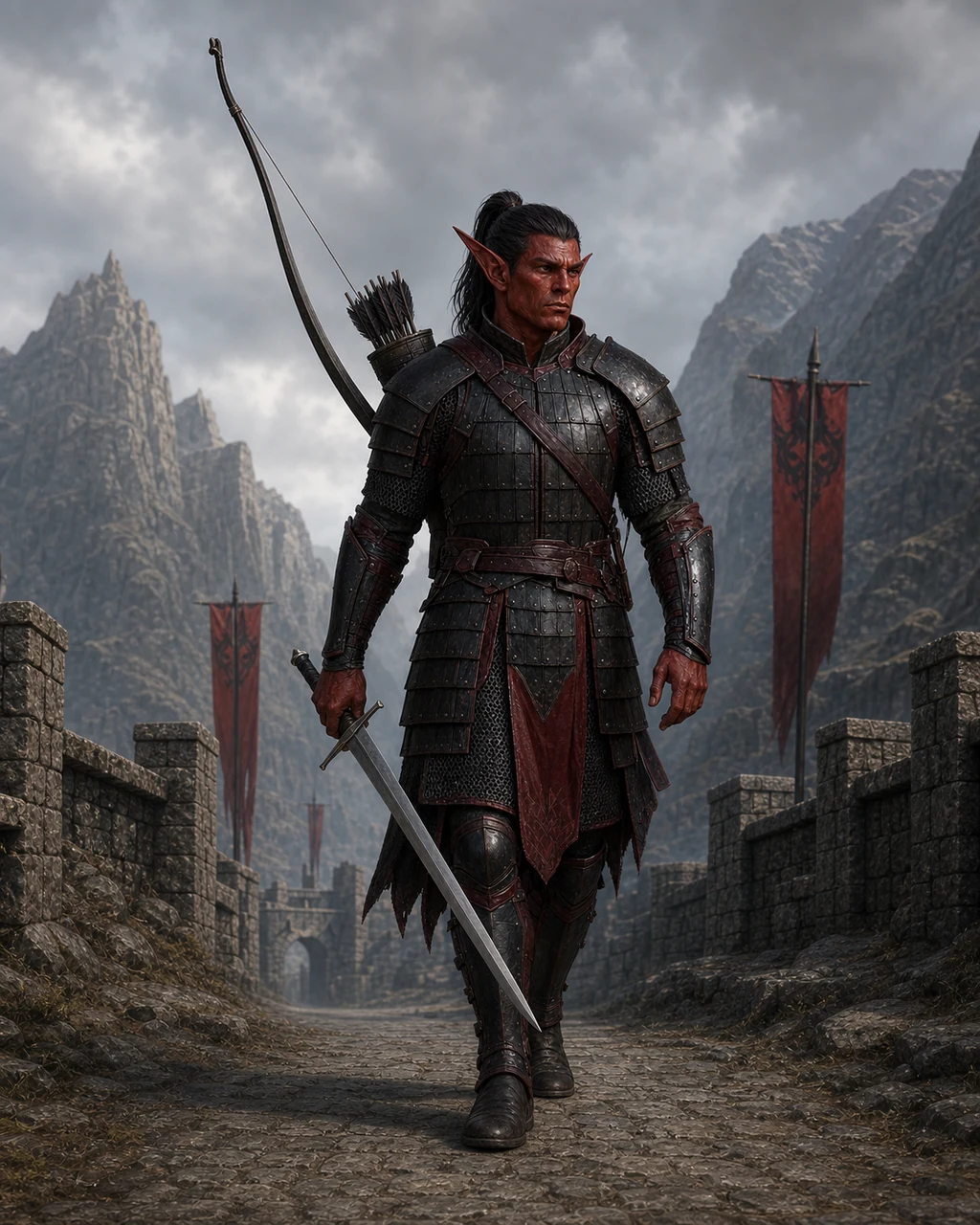 A rust-red hobgoblin warrior in dark lamellar advances with longsword ready and longbow on its back.