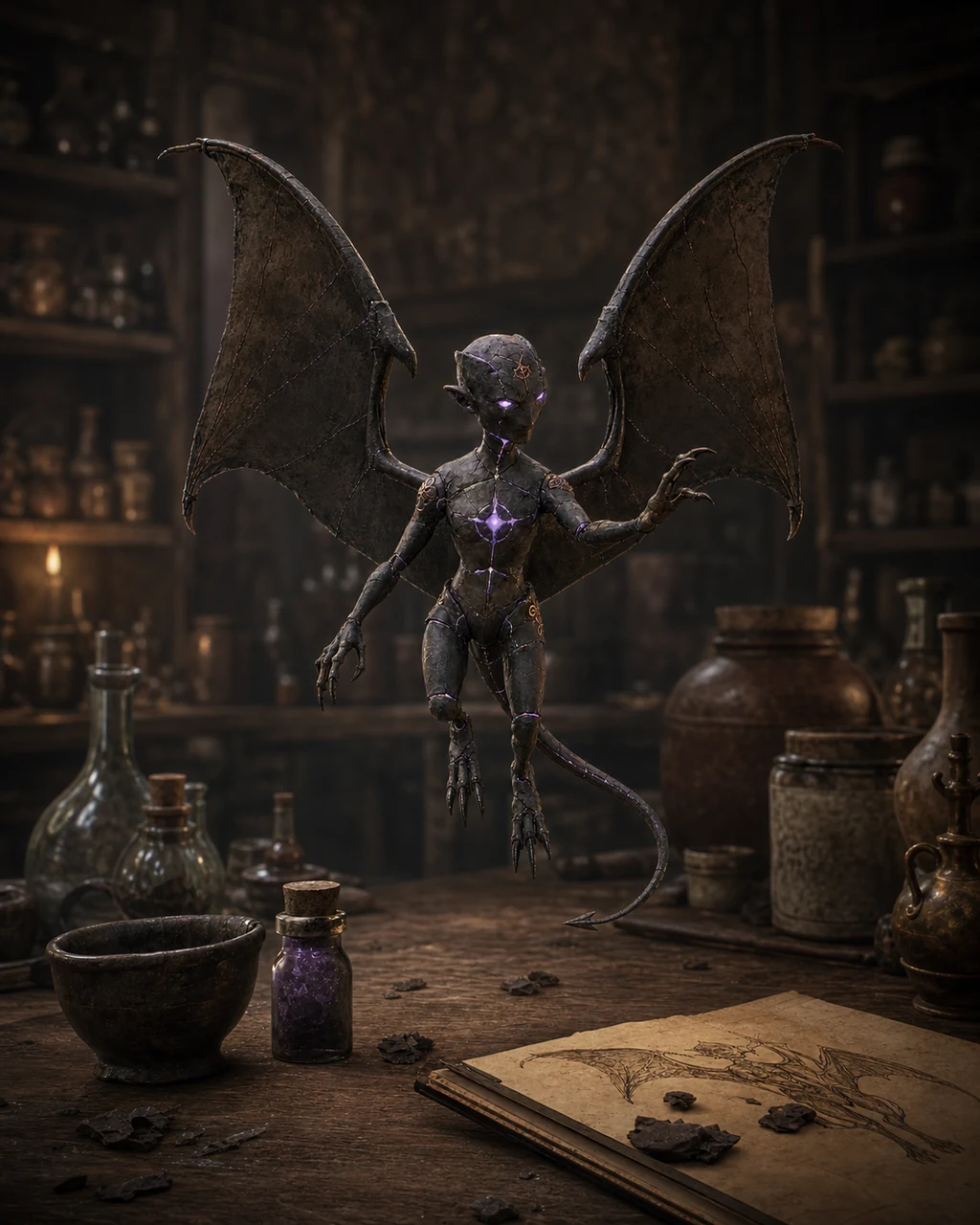A tiny clay homunculus hovers over an arcane worktable on broad leathery wings.