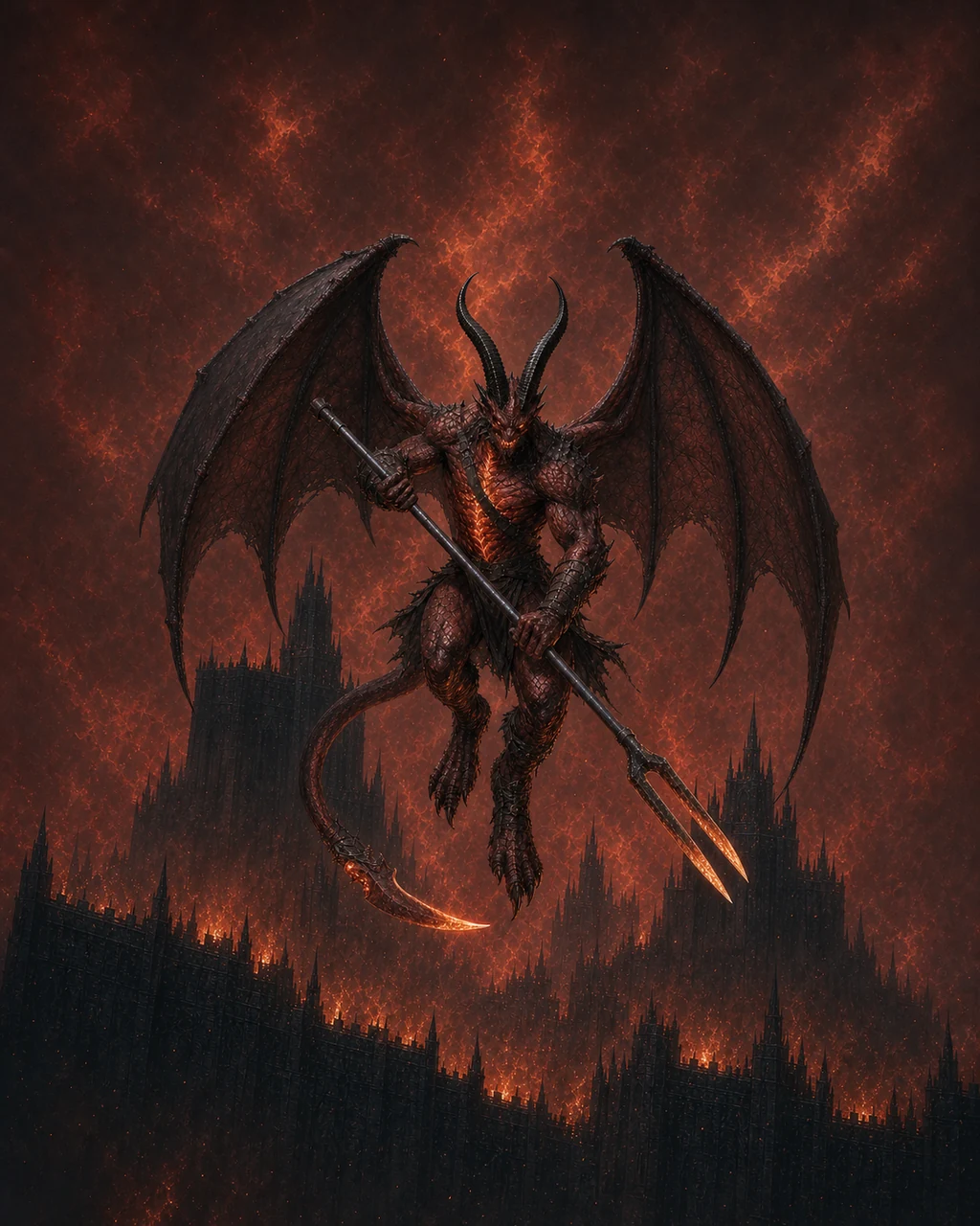 A horned devil dives over an infernal rampart with a blazing two-pronged fork and hooked tail.