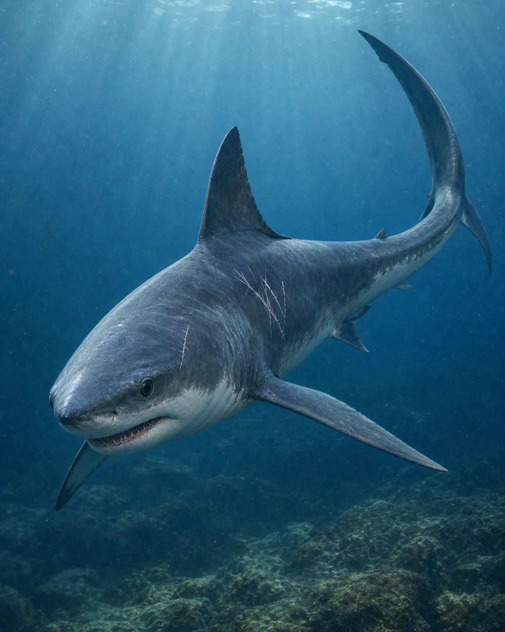 A scarred blue-gray hunter shark banks through open coastal water with rows of teeth visible.