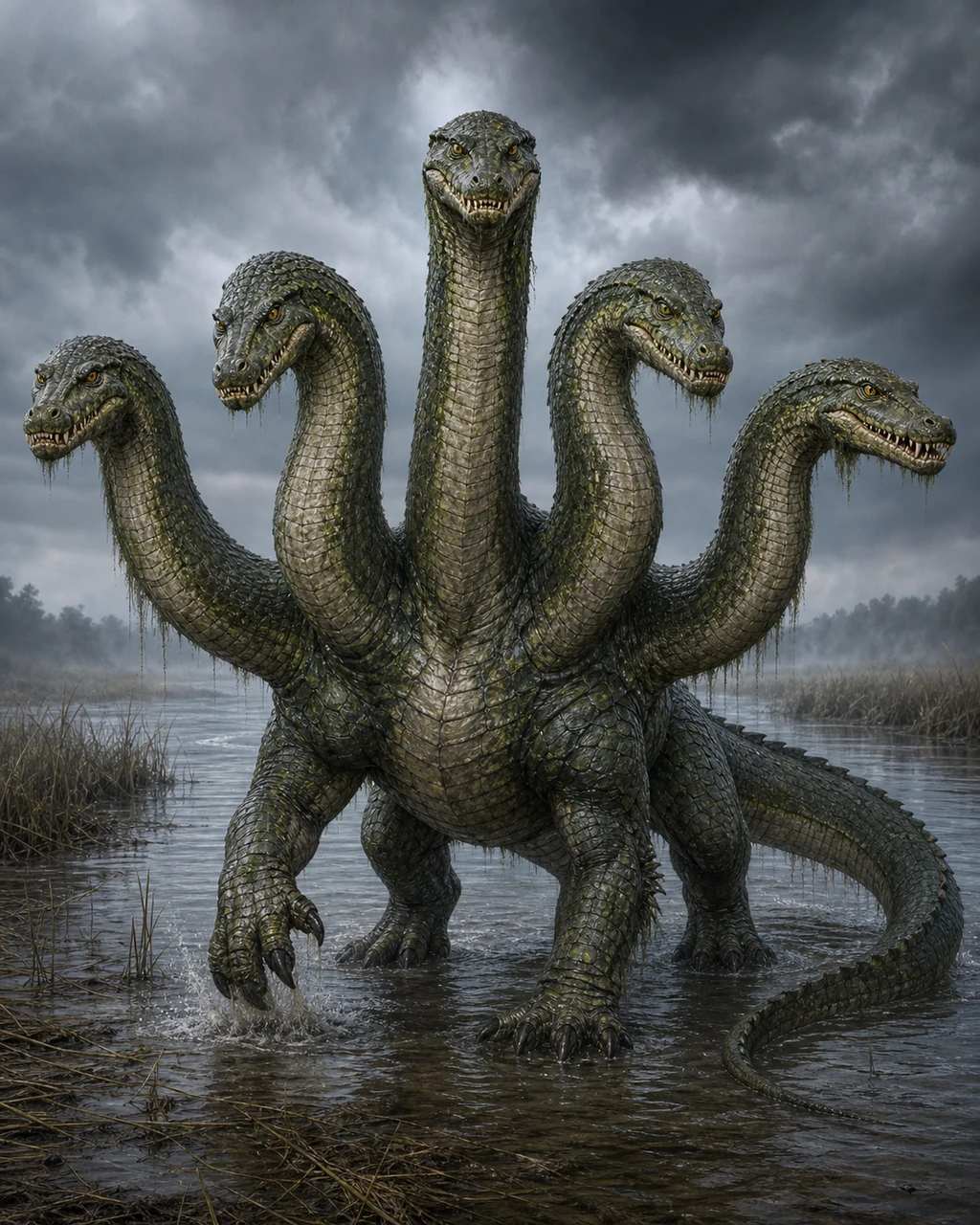 A five-headed hydra wades through a coastal marsh, its long necks striking in separate directions.
