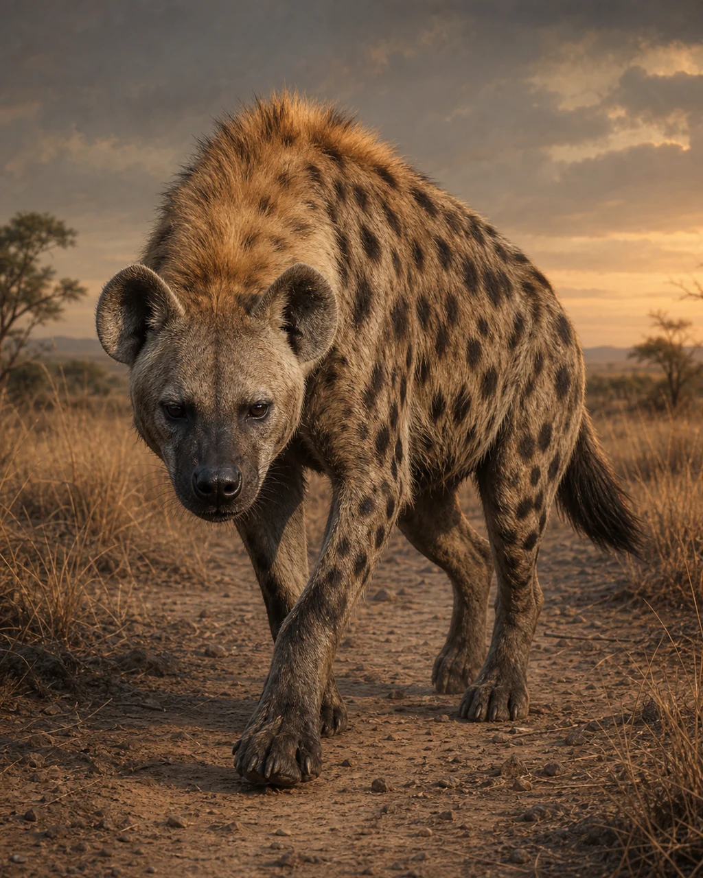 A spotted hyena with heavy shoulders trots through dry grass with its blunt muzzle held low.