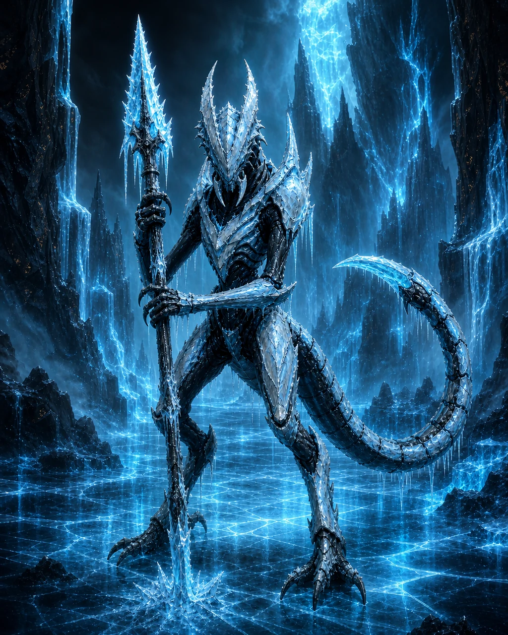 A blue-white insectile ice devil braces behind a frozen spear with its segmented tail curled to strike.