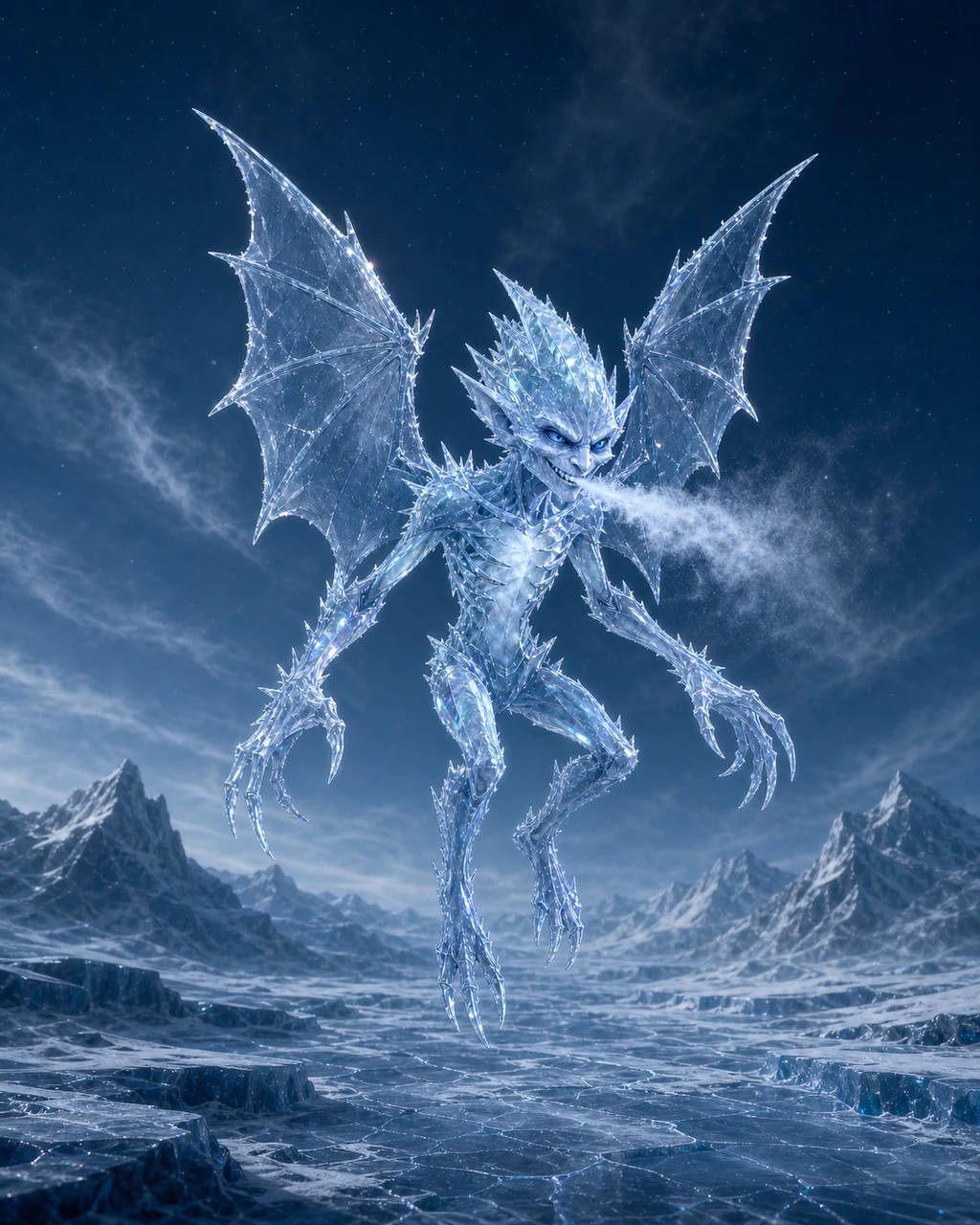 A small blue-white ice mephit hovers above a frozen shelf while exhaling a plume of frost.
