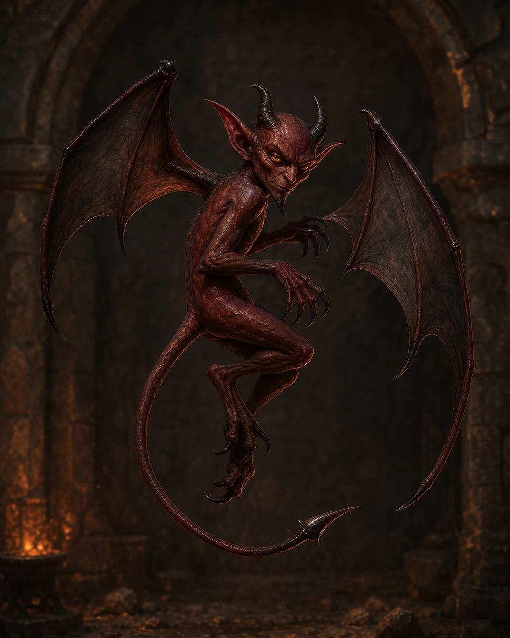 A tiny red imp hovers in a dark stone alcove with leathery wings spread and barbed tail raised.