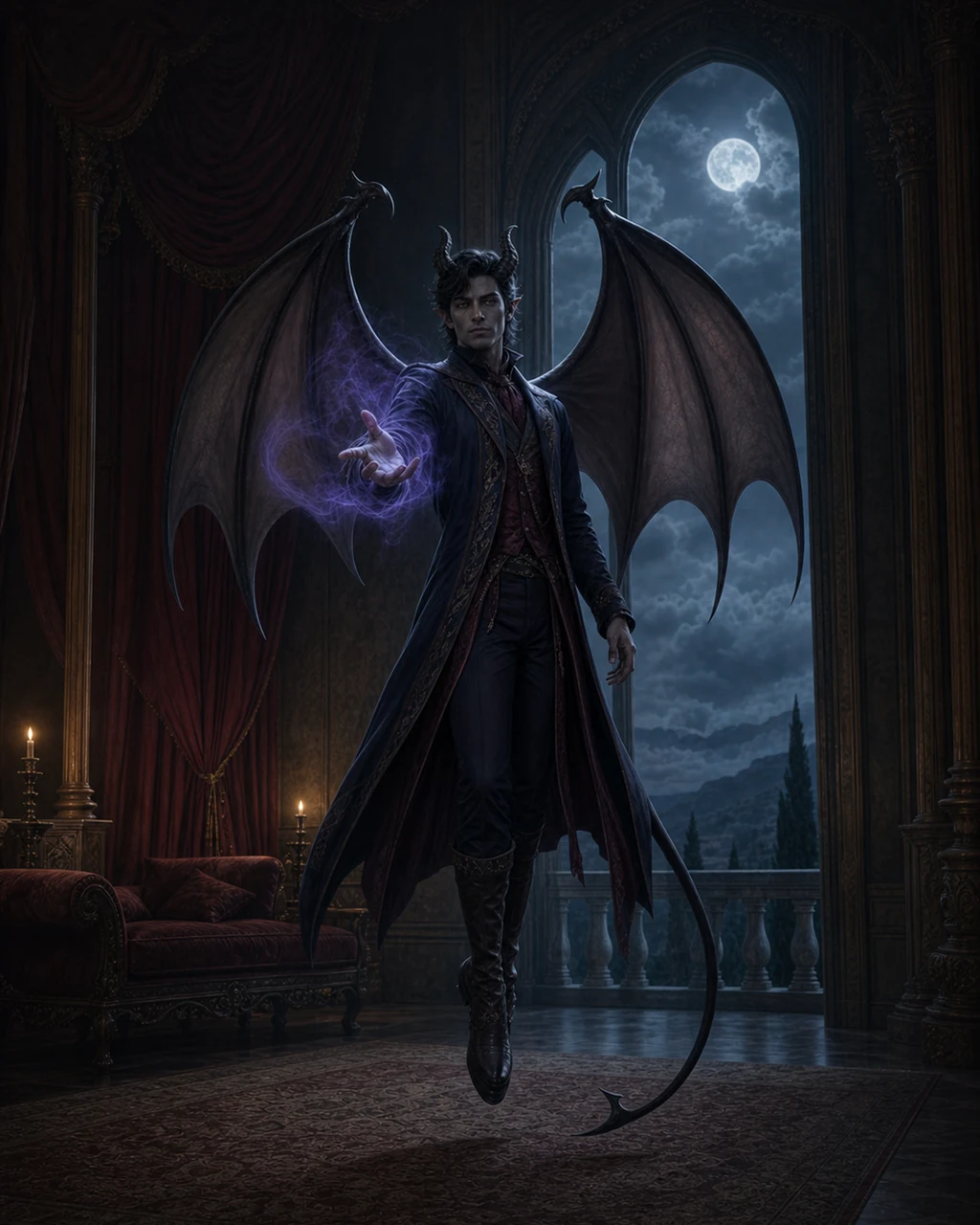 A dark-winged incubus descends inside a moonlit chamber with violet psychic haze around one reaching hand.