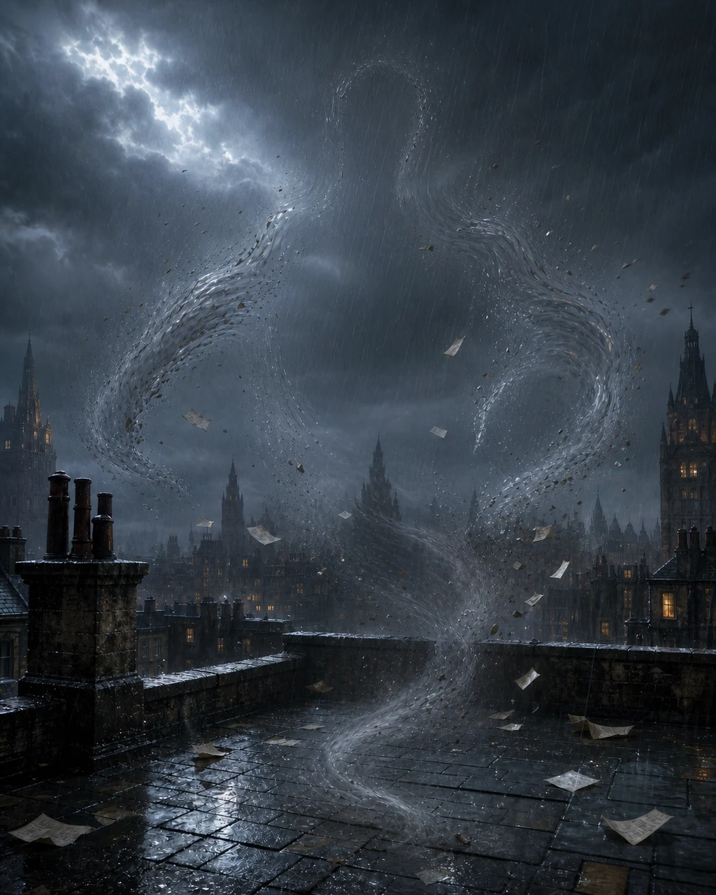 A nearly invisible stalker crosses a rainy rooftop, outlined only by warped air, droplets, and spiraling papers.