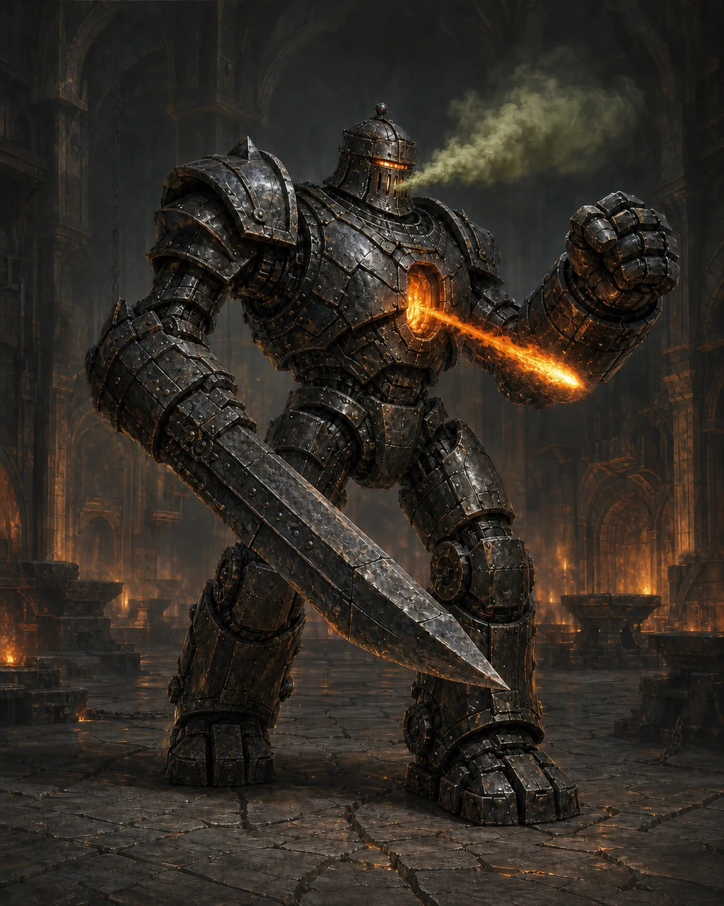 A towering iron golem sweeps its bladed arm as fire flashes from its chest and poison smoke vents from its helm.