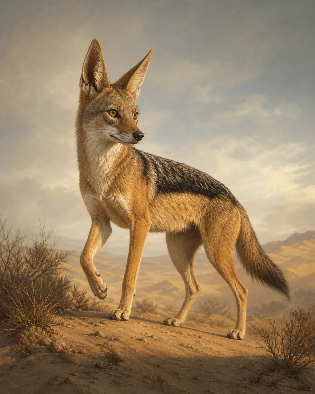 A tawny jackal pauses on a dune crest with one paw lifted and tall ears alert.