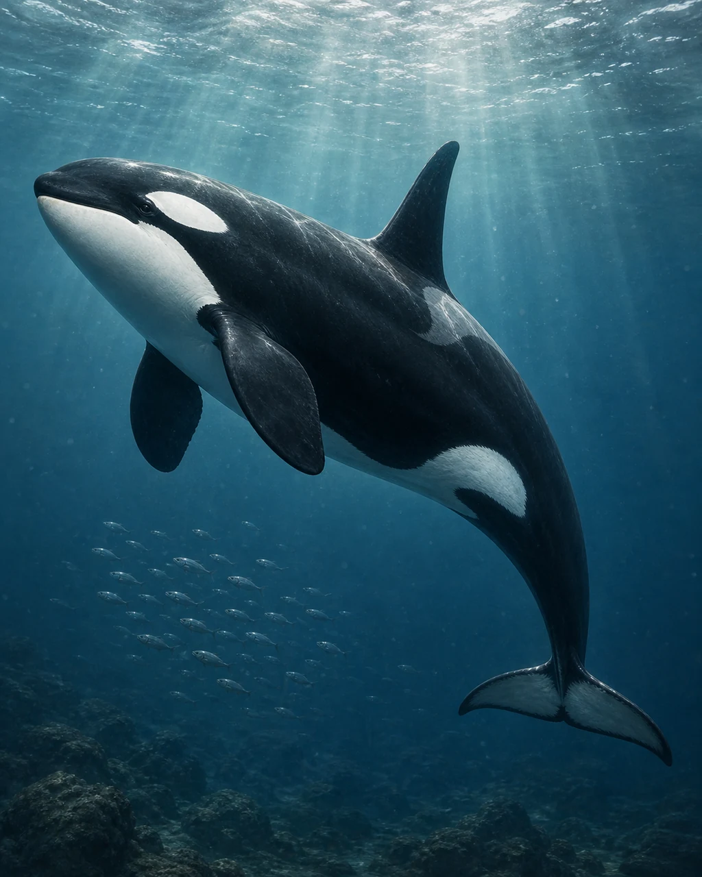 A huge black-and-white killer whale rolls through cold ocean water beneath the silver surface.