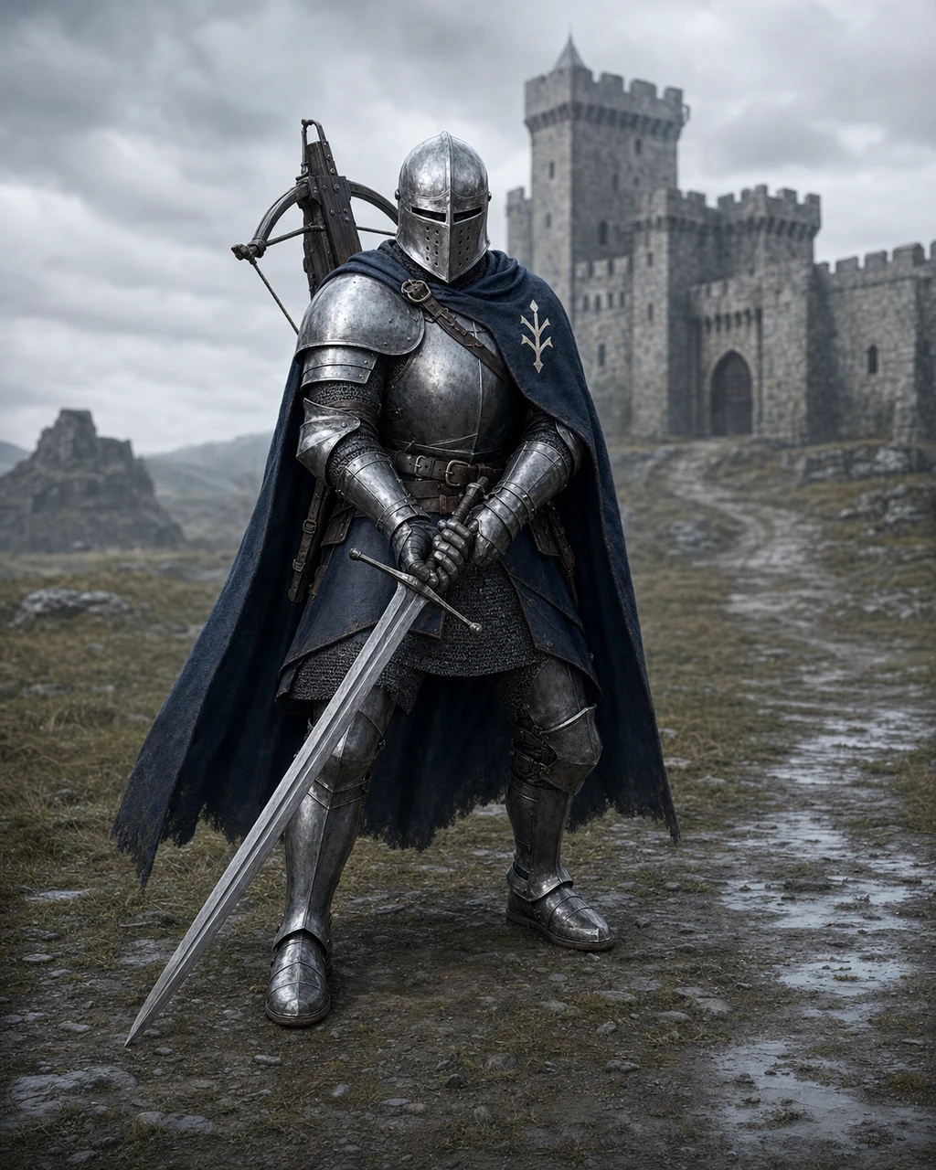 A compact knight in brushed plate guards a castle approach with greatsword ready and heavy crossbow on the back.
