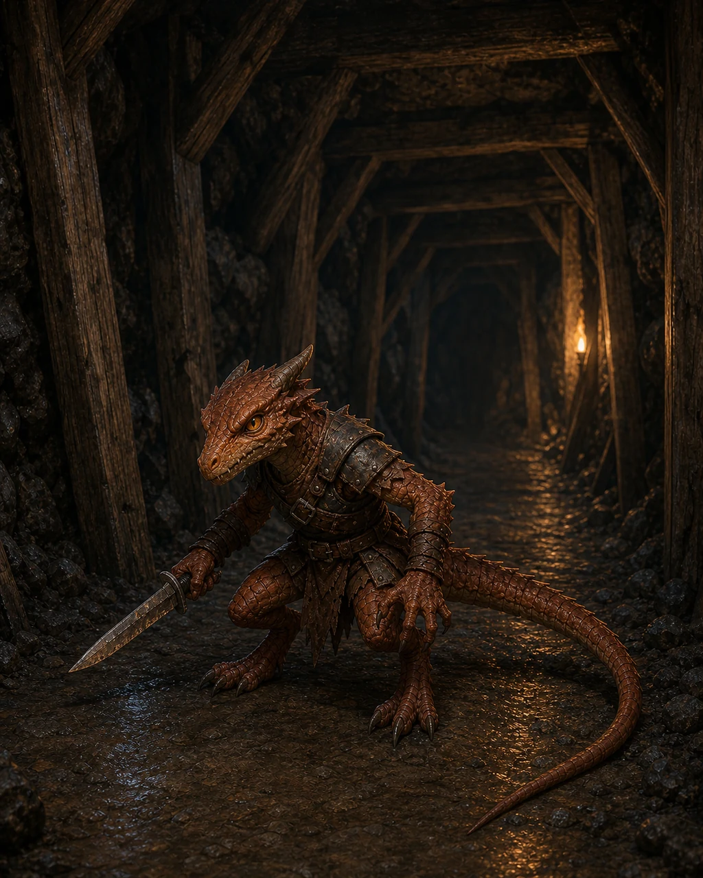 A small russet-scaled kobold warrior crouches in a mine passage with dagger poised and tail extended.