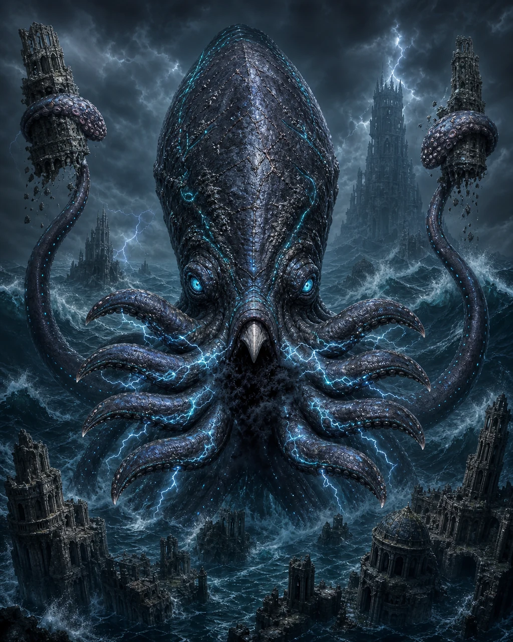 A gargantuan kraken rises over a drowned city with eight arms, two long tentacles, and lightning across its dark hide.