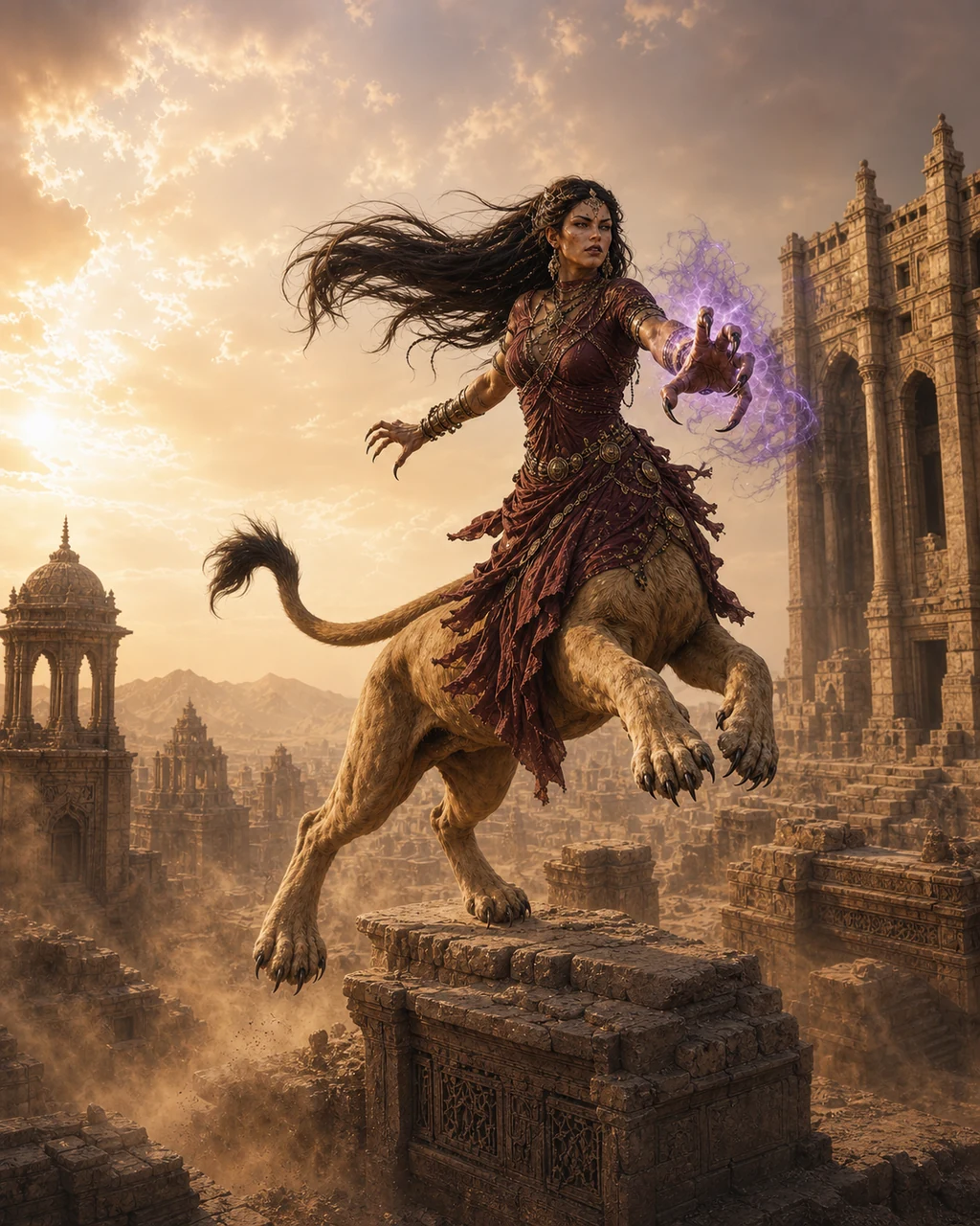 A tawny lion-bodied lamia leaps from a desert terrace with its humanoid claw extended in violet corrupting magic.