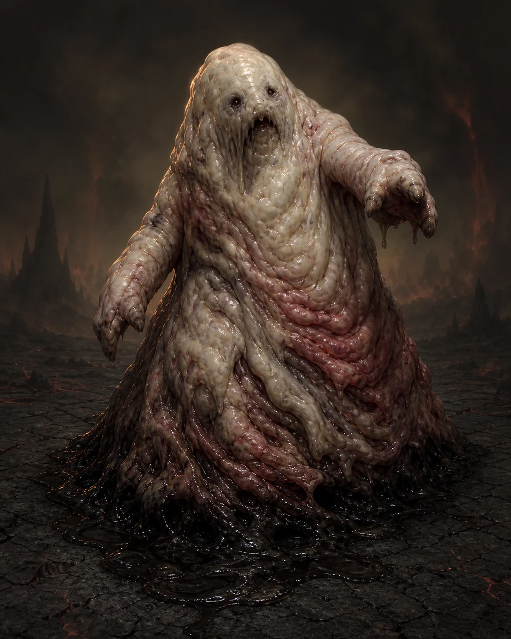 A sagging pale lemure drags its shapeless body across cracked infernal stone, leaving oily slime.