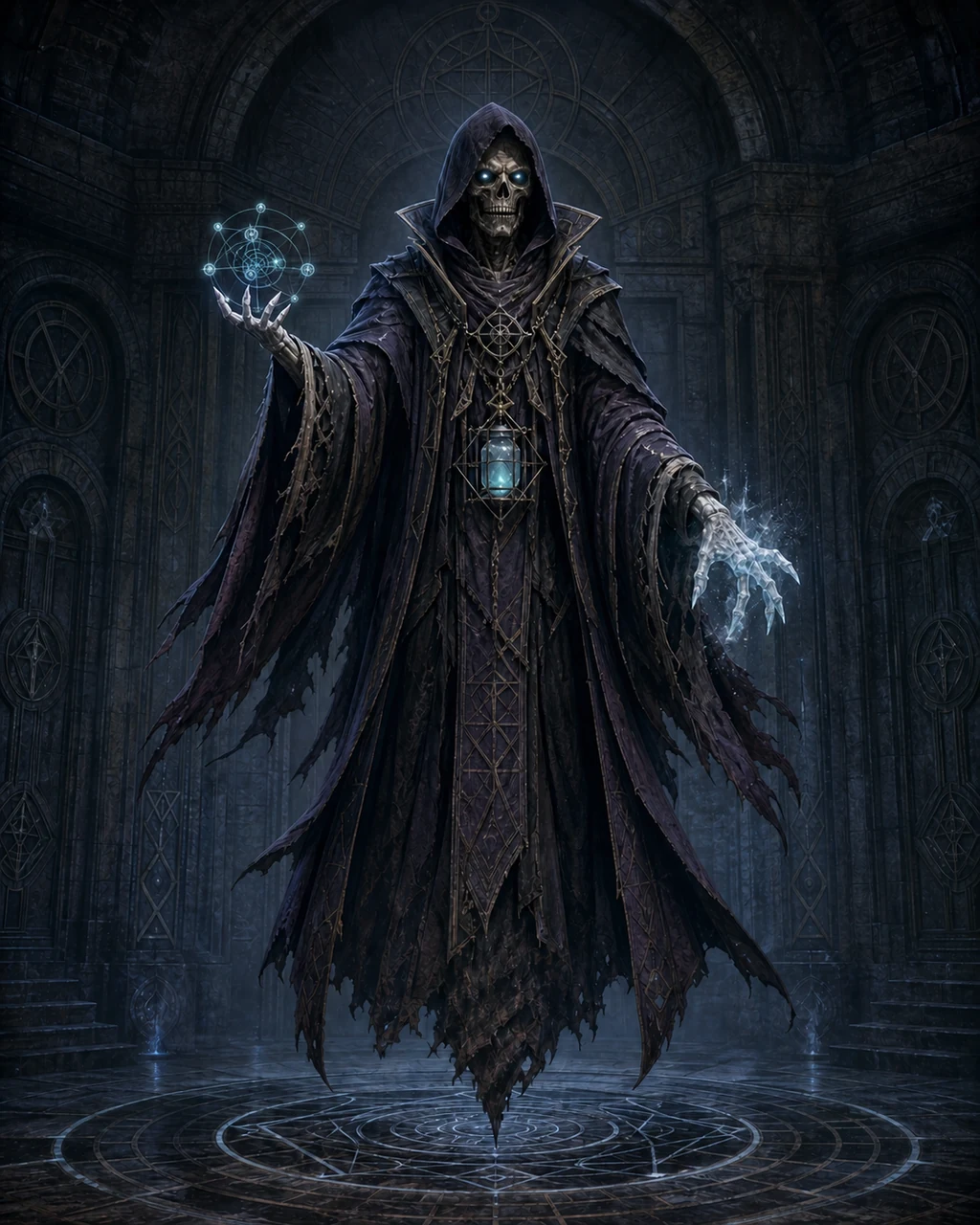 A robed skeletal lich hovers in an arcane vault with a rune-caged spirit jar and cold magic in both hands.