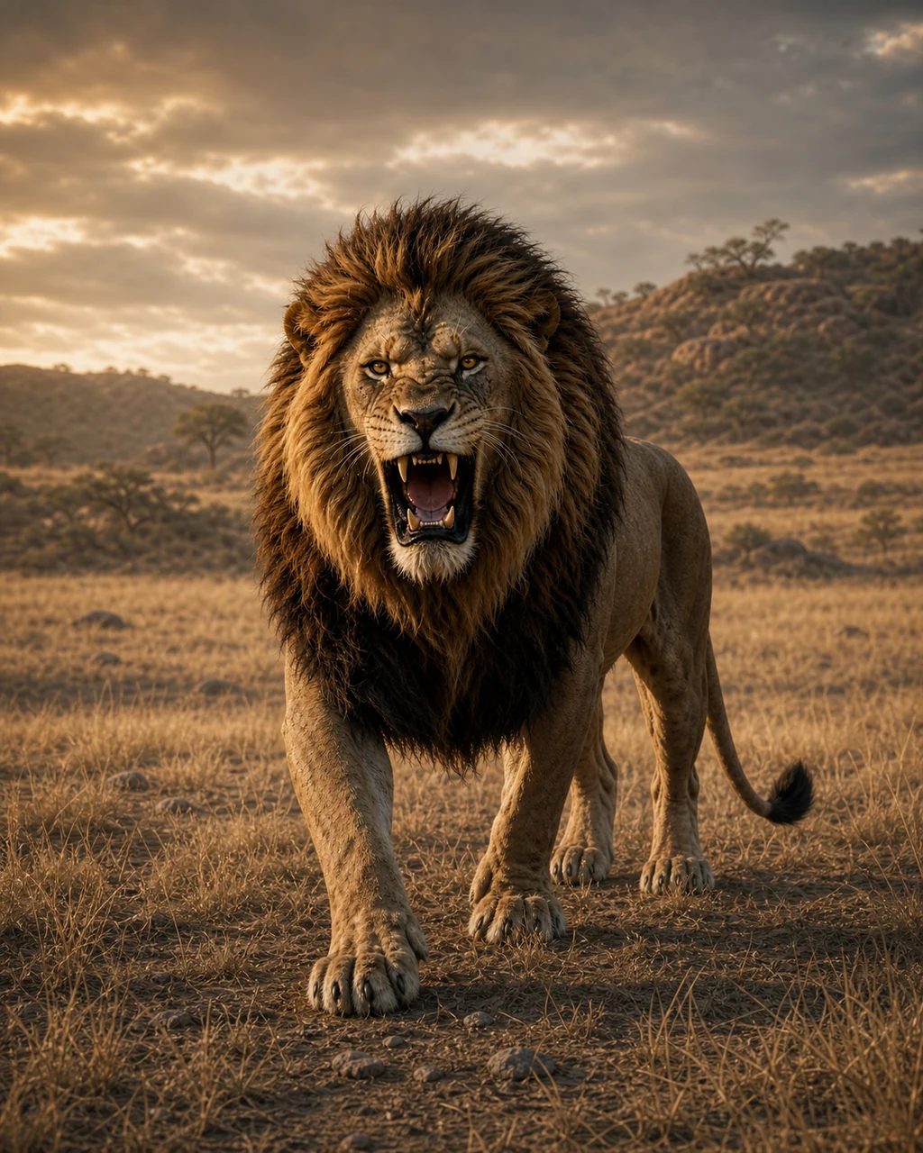 A scarred tawny lion strides through dry grass and roars, its dark mane framing a powerful head.