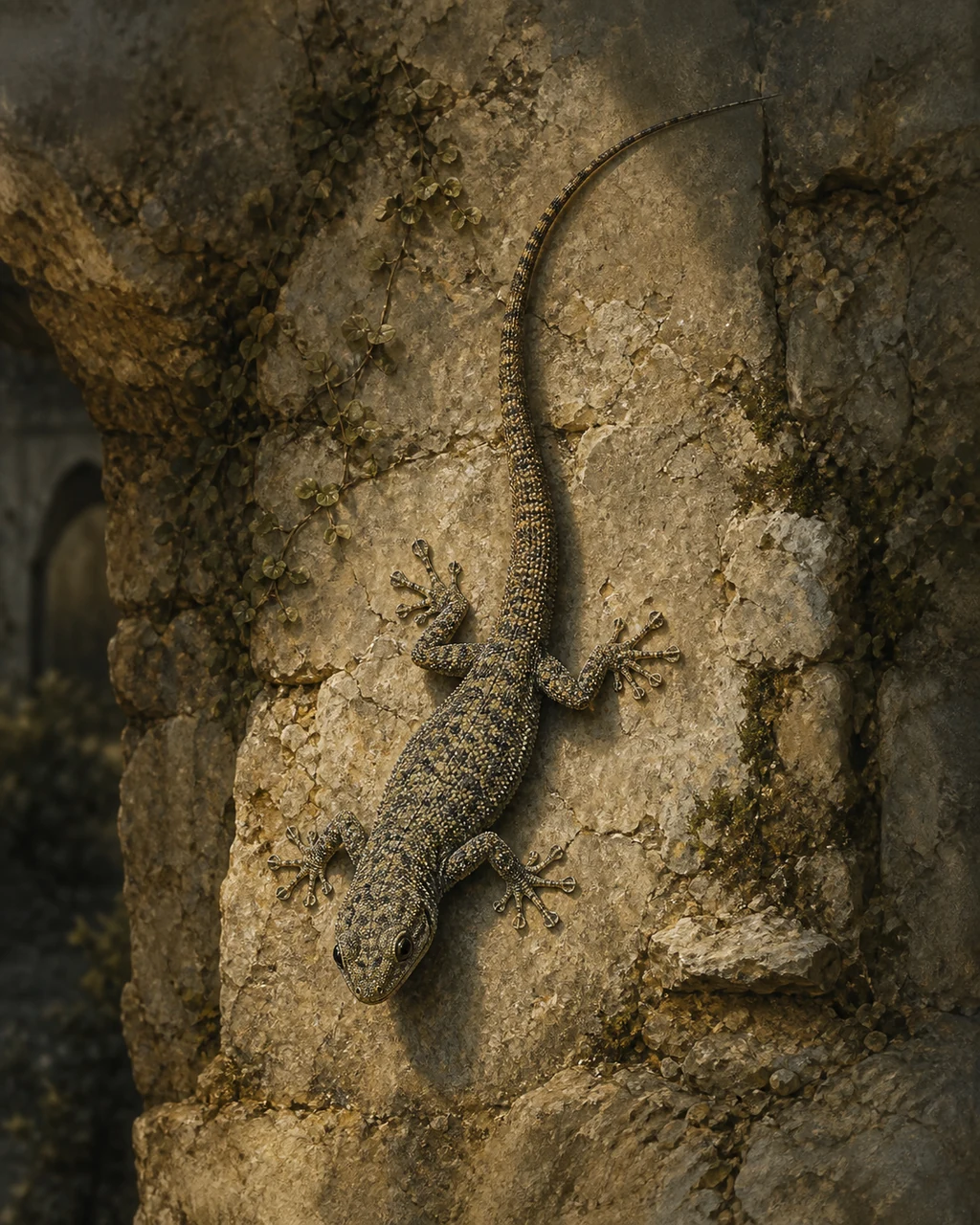 A mottled olive lizard clings head-down to a sunlit stone wall on widely spread toes.