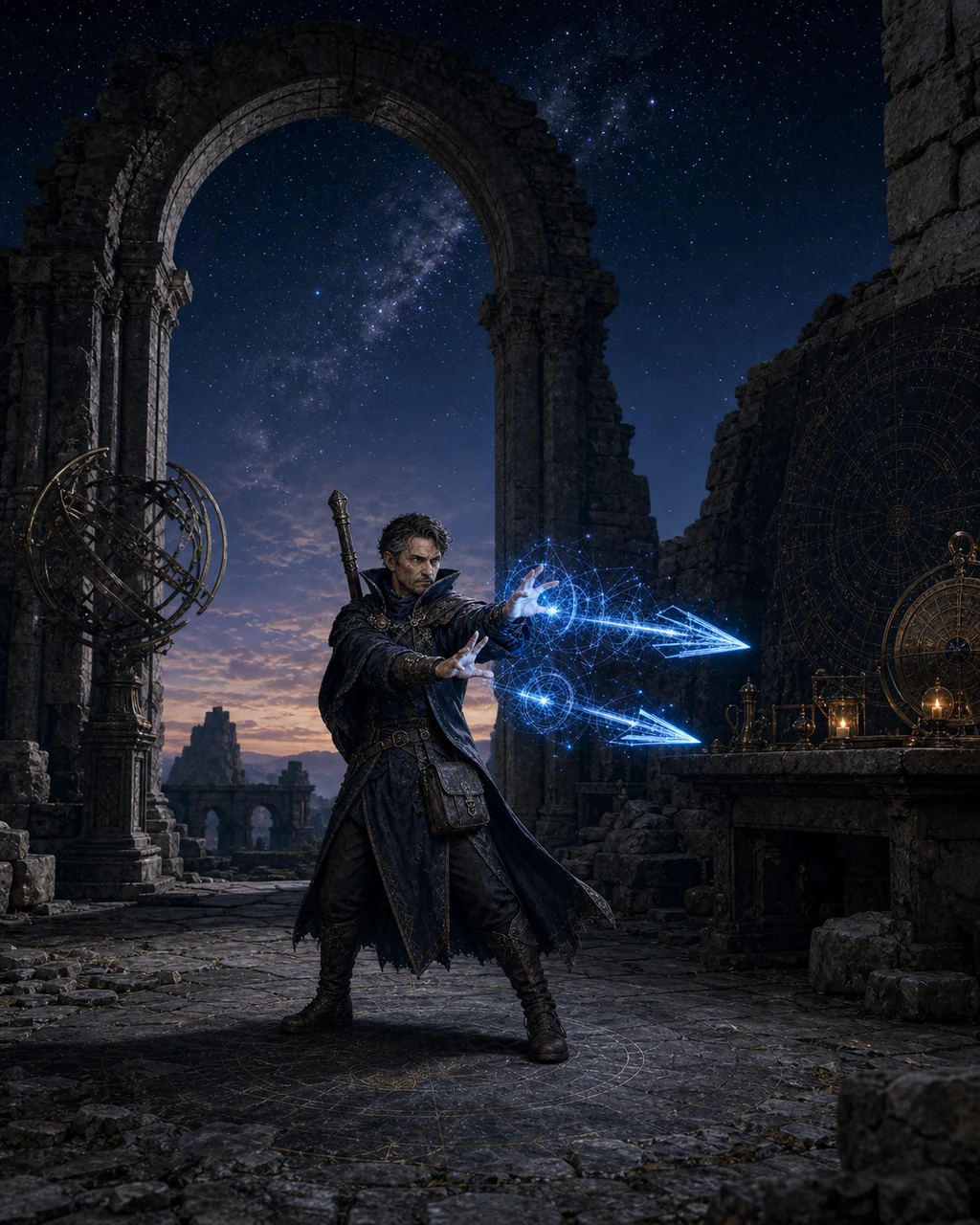 A compact robed mage casts blue-white bolts of force in a ruined observatory.