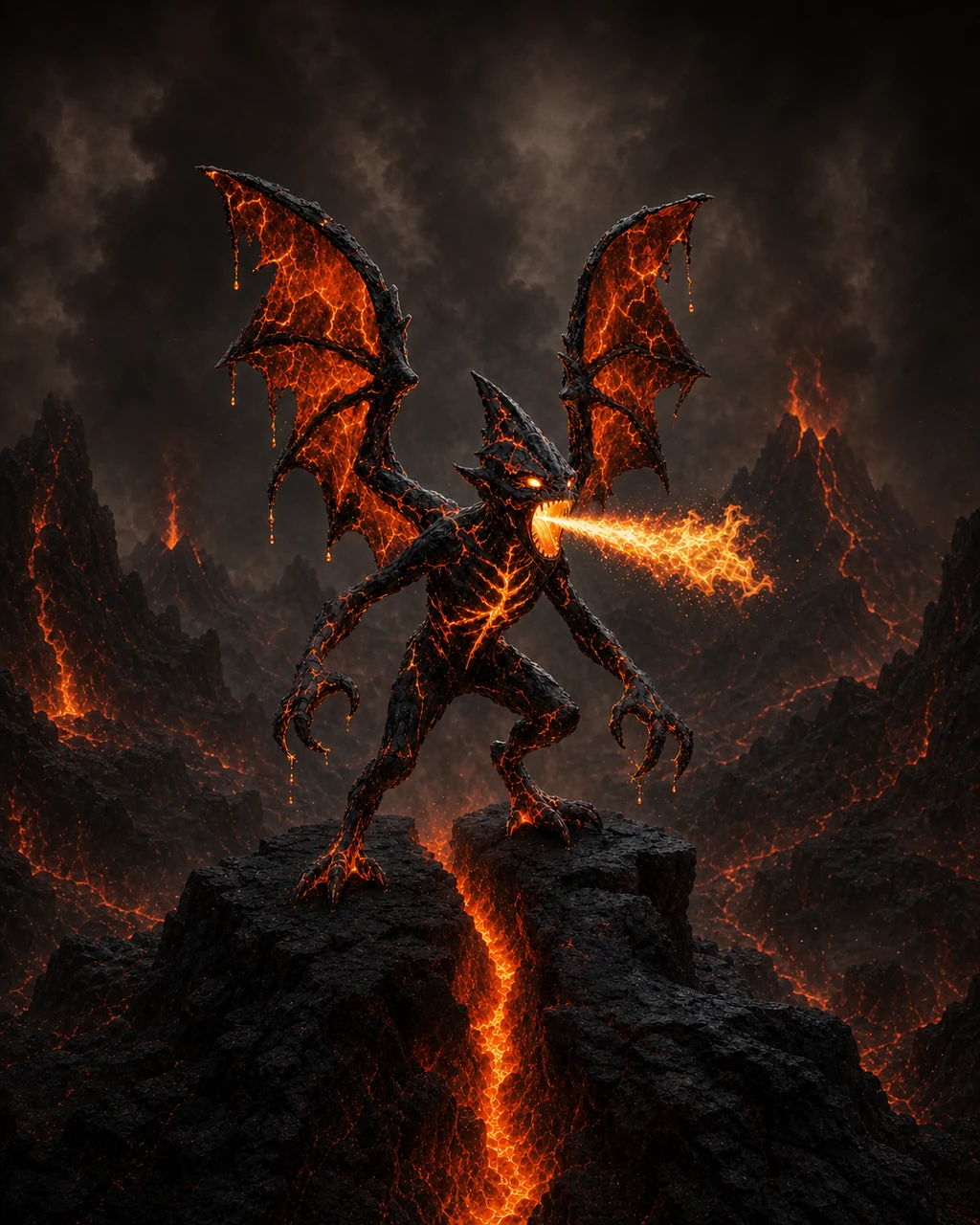 A cracked basalt magma mephit rises over a lava fissure with molten wings spread and fire at its jaws.