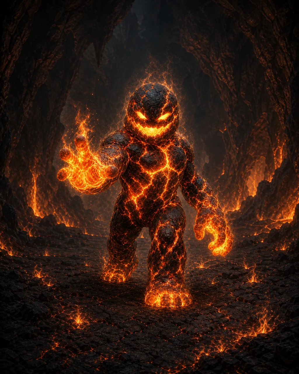 A small wingless magmin of living orange magma strides across black stone with one burning hand extended.