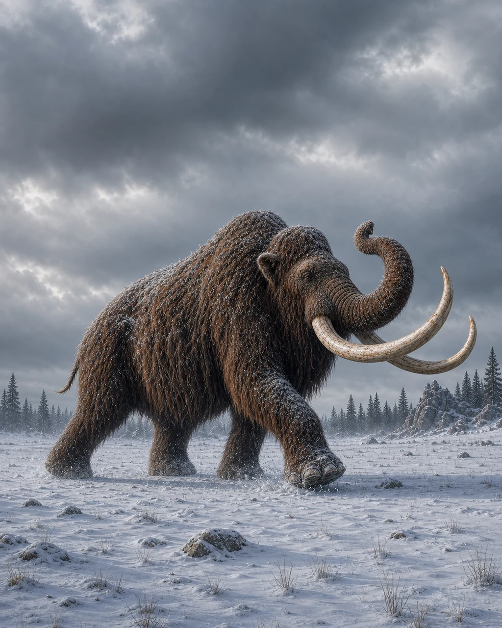 A shaggy mammoth charges across an arctic steppe with huge curved tusks and snow flying from its feet.