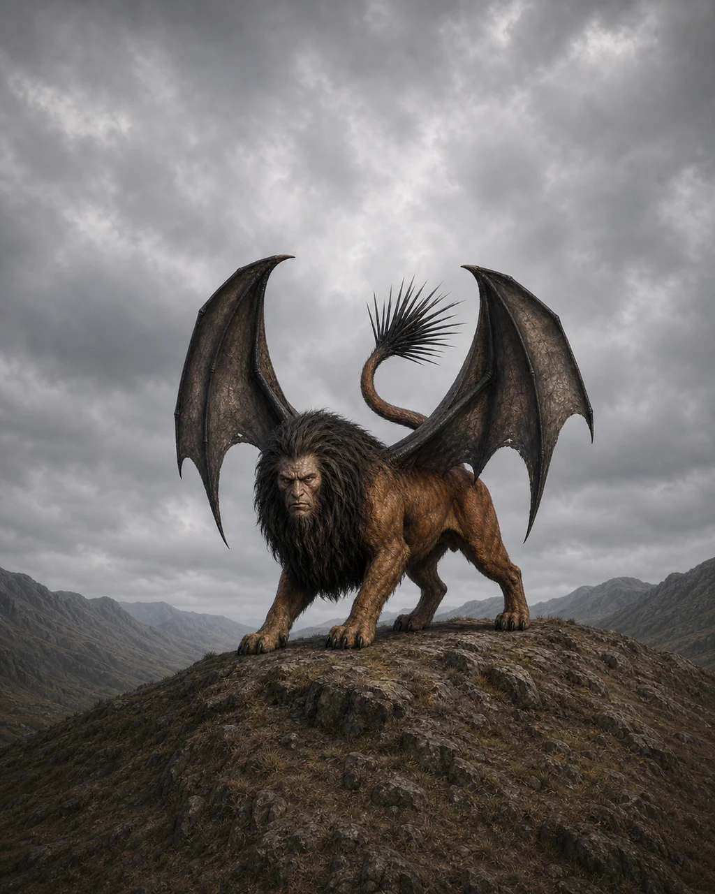 A russet manticore crouches on a ridge, leathery wings spread and its spike-filled tail curled to fire.