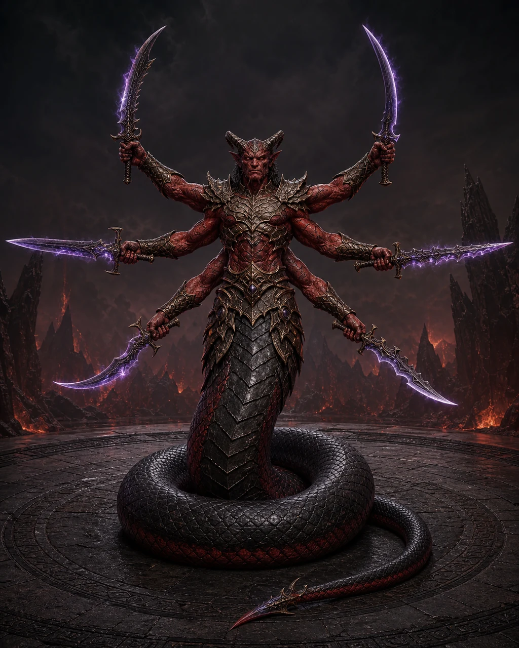 A six-armed marilith coils on black stone with six pact blades forming a deadly wheel around her.
