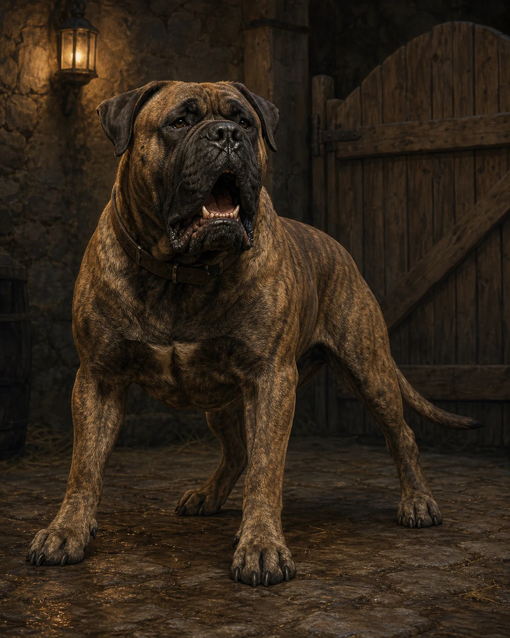 A powerful brindled mastiff steps forward barking in a lamplit stable courtyard.