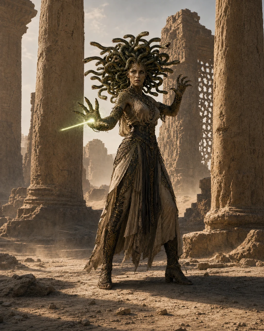 A snake-haired medusa turns in a ruined desert sanctuary while projecting a pale green poison ray.