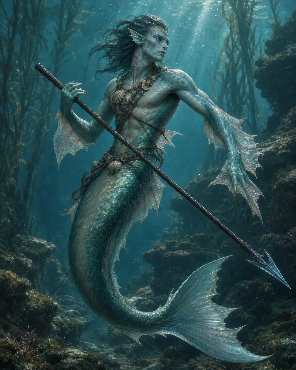 A sea-green merfolk skirmisher turns through a kelp channel with a cold-glowing ocean spear.