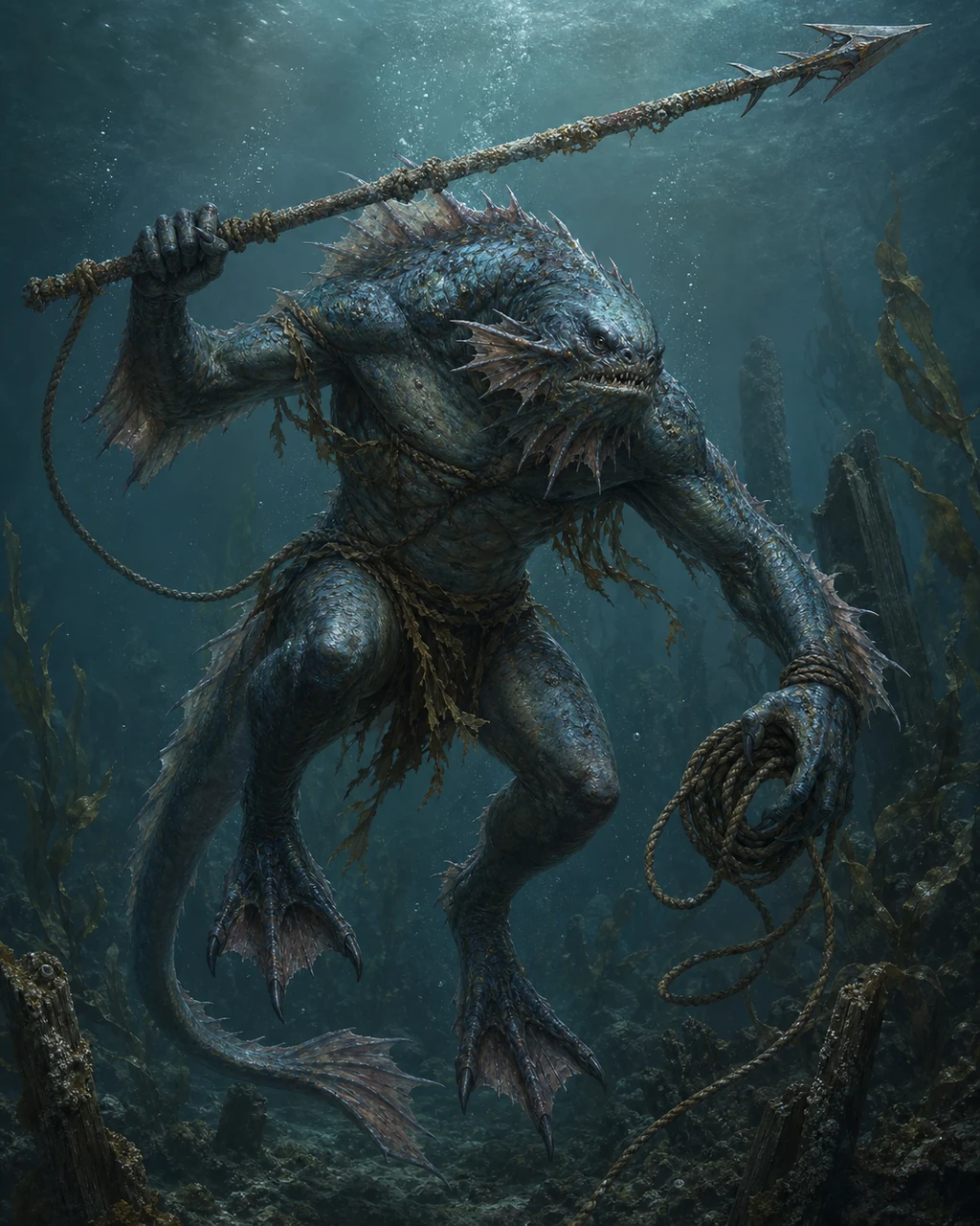 A hulking blue-green merrow rises from the seabed with a barbed harpoon drawn back and rope streaming behind.